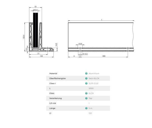 Aluminium Ganzglasgeländer L-Bodenprofil 5000mm 1,0kN ECO Glasgeländer Satin Elox